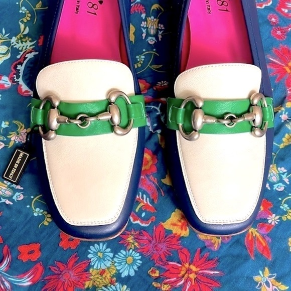 Brand New Ferca 81 Genuine Leather Ivory Blue Green Slip On Flats Buckle Loafers - Picture 2 of 16
